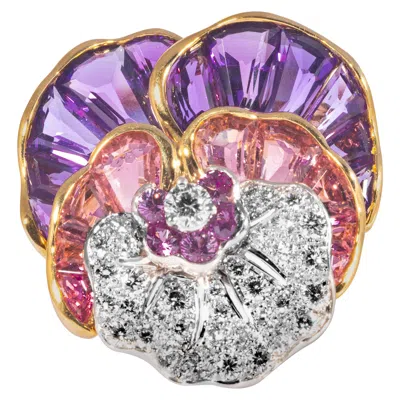 Pre-owned Oscar Heyman Amethyst, Tourmaline, Topaz, And Diamond Pansy Pin, Signed  Brothers In Purple