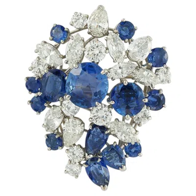 Pre-owned Oscar Heyman & Brothers Platinum Sapphire And Diamond Cluster Brooch In Blue