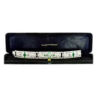 Pre-owned Oscar Heyman Art Deco Platinum, Diamond & Emerald Bracelet By  & Bros., C. 1918. In Green