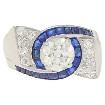 Pre-owned Oscar Heyman Art Deco Style Diamond And Sapphire Engagement Ring Set In Platinum In Blue