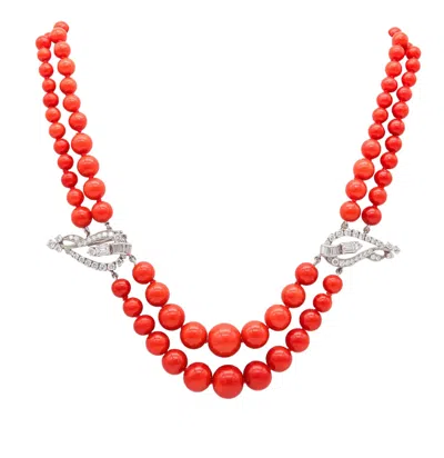 Pre-owned Oscar Heyman Art-deco Platinum Coral Necklace With 30.64 Ctw In Vs Diamonds In Red