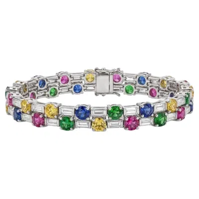 Pre-owned Oscar Heyman Diamond & Multi-color Sapphire Platinum Bracelet With Box & Papers In Blue