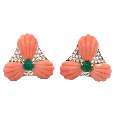 Pre-owned Oscar Heyman Diamond Emerald & Coral Earrings In Red