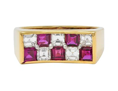 Pre-owned Oscar Heyman Diamond Ruby Platinum 18k Gold Checkerboard Vintage Band Ring In Multi
