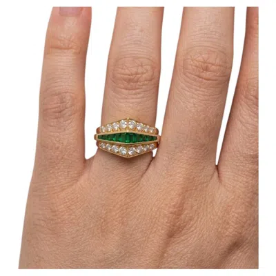 Pre-owned Oscar Heyman Emerald And Diamond 18k Yellow Gold Cocktail Ring