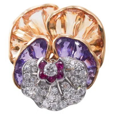 Pre-owned Oscar Heyman Iconic Pansy Diamond Amethyst Citrine Gold Platinum Brooch In Purple