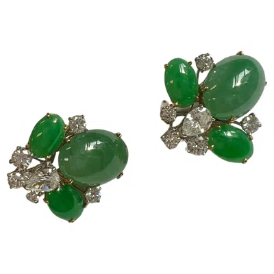 Pre-owned Oscar Heyman Jadeite And Diamonds Clip-on Earrings In Multi