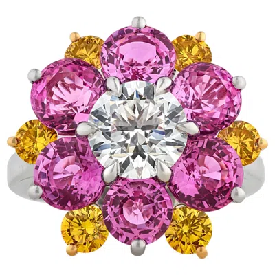 Pre-owned Oscar Heyman Pink Sapphire And Yellow Diamond Floral Ring