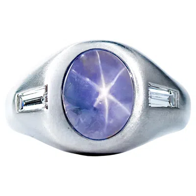 Pre-owned Oscar Heyman Platinum 7.91ct Ceylon Star Sapphire And Diamond Gent's Ring In Blue