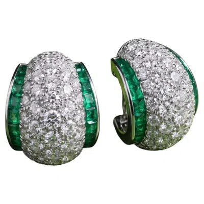 Pre-owned Oscar Heyman , Platinum Emerald Diamond Earrings In Green