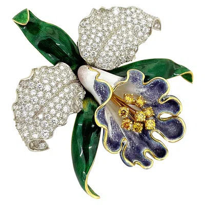 Pre-owned Oscar Heyman Platinum/18kt Gold Orchid Brooch With Fancy Yellow & White Diamond