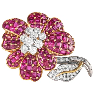 Pre-owned Oscar Heyman Ruby And Diamond Flower Brooch, Signed  Brothers In Multi