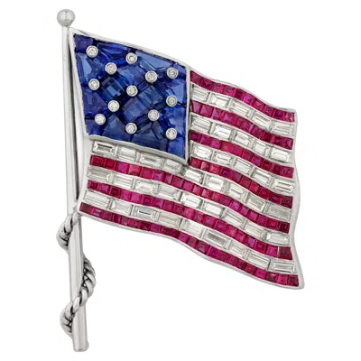 Pre-owned Oscar Heyman Ruby, Sapphire And Diamond American Flag Brooch In Blue