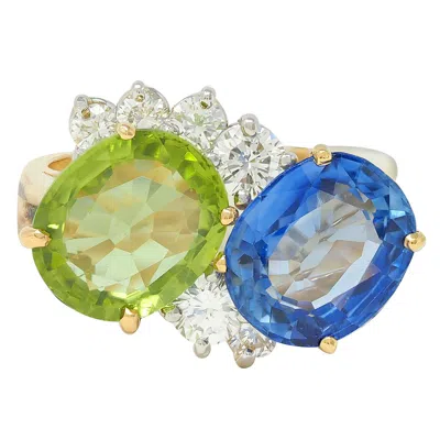 Pre-owned Oscar Heyman Sapphire Peridot Diamond Platinum 18k Gold Vintage Toi-et-moi Ring In Blue