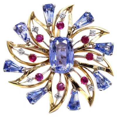 Pre-owned Oscar Heyman Sapphire Ruby Diamond 18 Karat Yellow Gold Brooch