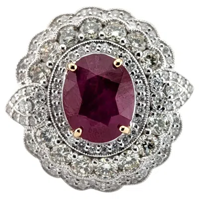 Pre-owned Oscar Heyman Scalloped Halo Ruby And Diamond Ring In 14k White And Yellow Gold- Gia 524106858