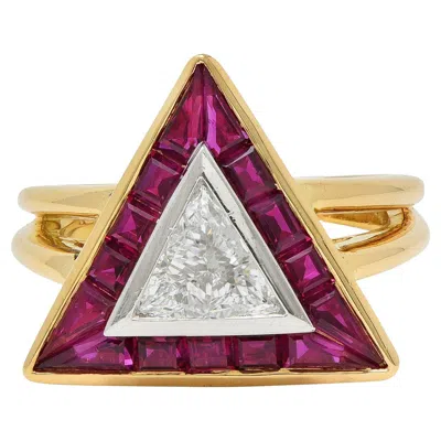 Pre-owned Oscar Heyman Trilliant Cut Diamond Ruby Platinum 18k Gold Triangle Halo Ring In Multi
