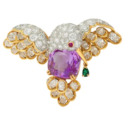 Pre-owned Oscar Heyman Vintage Ceylon Sapphire Multi-gem Platinum 18k Hummingbird Brooch In Blue