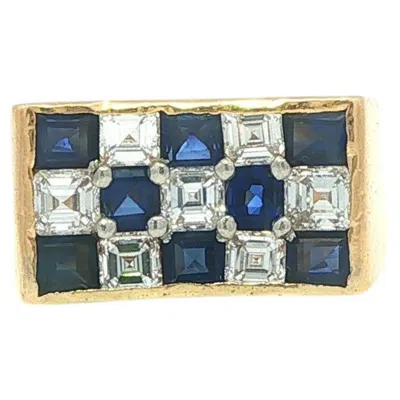 Pre-owned Oscar Heyman Vintage  18k Gold & Platinum Checkerboard Sapphire Diamond Ring In Blue