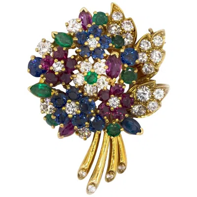 Pre-owned Oscar Heyman Yellow Gold Diamond Gemstone Flower Brooch