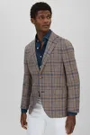 Oscar Jacobson Cotton Linen Single Breasted Check Blazer In Beige