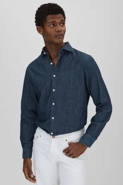 Oscar Jacobson Denim Cutaway Collar Shirt In Dark Indigo