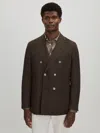 Oscar Jacobson Linen Double Breasted Blazer In Brown