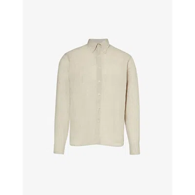 Oscar Jacobson Mens Almond Beige Signature Button-down Collar Linen Shirt