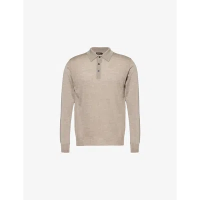 Oscar Jacobson Mens Knitted Regular-fit Wool Polo Shirt Baked Beige