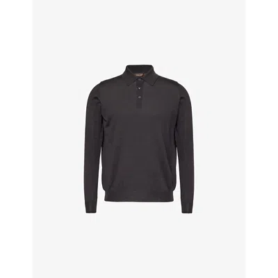 Oscar Jacobson Mens Knitted Regular-fit Wool Polo Shirt Brown Flannel