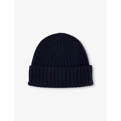 Oscar Jacobson Mens  Ribbed Cashmere Knitted Beanie Hat In Navy