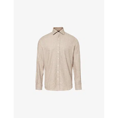 Oscar Jacobson Mens  Spread-collar Curved-hem Slim-fit Cotton Shirt In Hush Beige