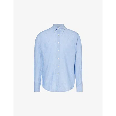 Oscar Jacobson Mens Harmony Blue Signature Button-down Collar Linen Shirt