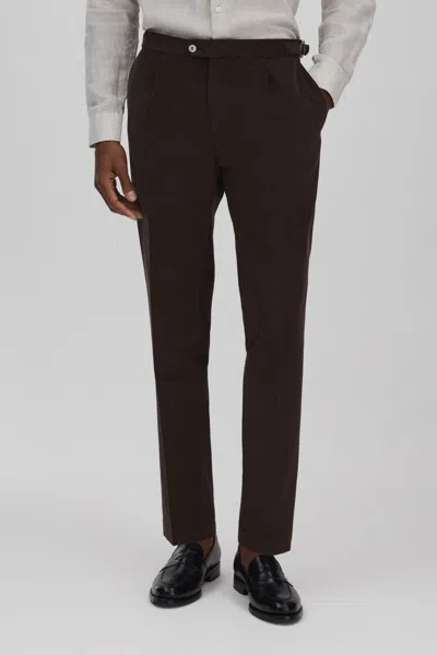Oscar Jacobson Slim Fit Adjustable Cotton Trousers In Dark Brown