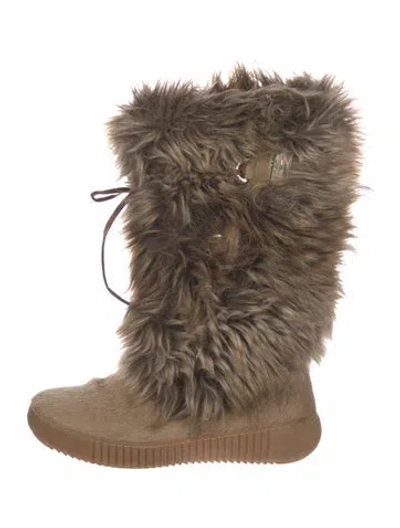 Pre-owned Oscar Sport Faux Fur Leather Trim Embellishment Boots In Neutral