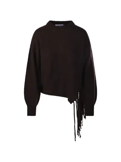 Oscar The Collection Fringe-trim Asymmetric Sweater In Brown