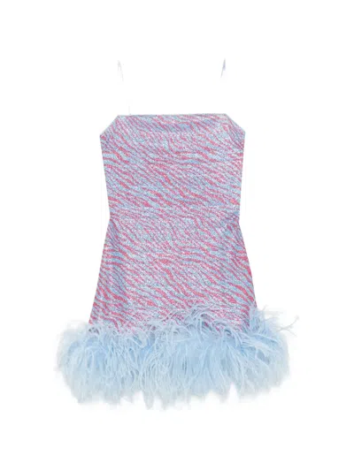 Oseree Animal-print Feather-trim Mini Dress In Multi
