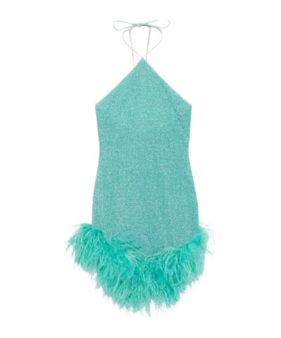 Oseree Lumiere Feather-trim Mini Dress In Blue