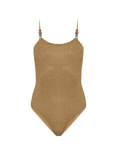 Oseree Bead-embellished Metallic Swimsuit In Brown