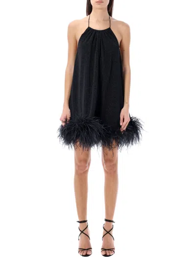 Oseree Lumière Feather-trimmed Metallic Stretch-knit Mini Dress In Black