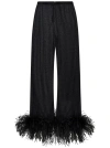 Oseree Feather-trimmed Velvet Wide-leg Pants In Black
