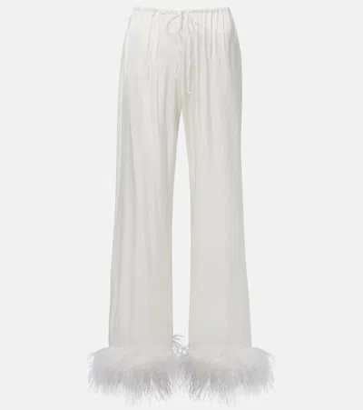 Oseree Oséree Bridal Feather-trimmed Satin Wide-leg Pants In White