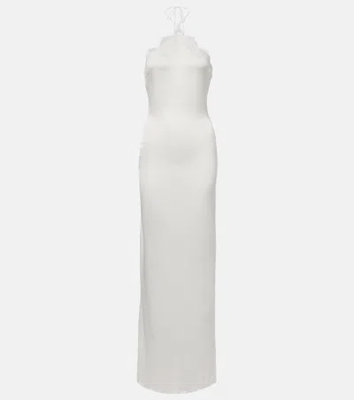 Oseree Bridal Lace-trimmed Satin Maxi Dress In White