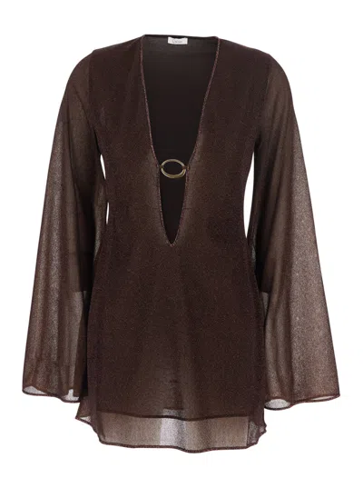 Oseree Brown Caftan With Deep V-neck And Semi-trasparent Design In Fabric Woman
