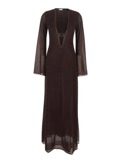 Oseree Brown Caftan With Deep V-neck And Semi-trasparent Design In Fabric Woman In Burgundy