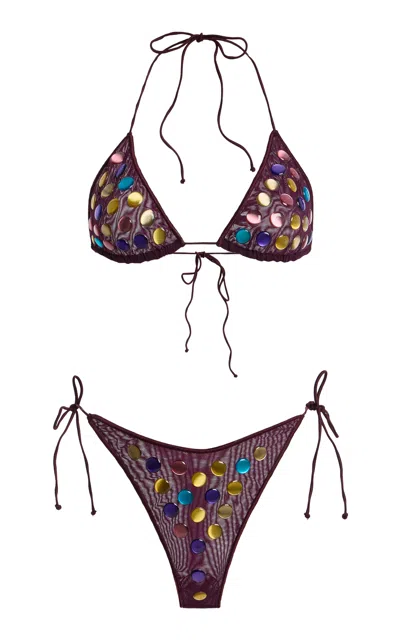 Oseree Bubble Embellished Knit Bikini Set In Purple