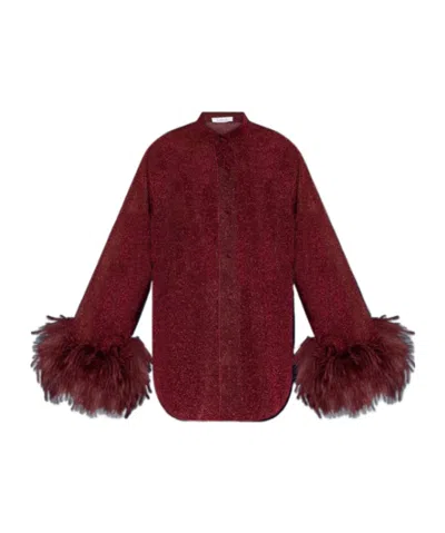 Oseree Burgundy Shirt Finished With Ostrich Feathers In Red