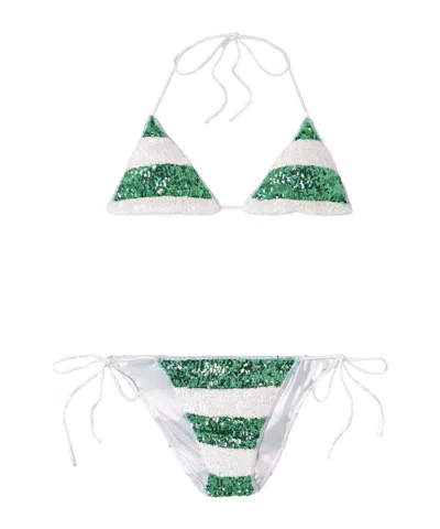 Oseree Candystriped Sequined Bikini In Green