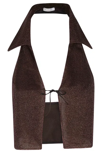 Oseree Chocolate Lumiere Polo V-neck Lurex Polyamide Top In Brown