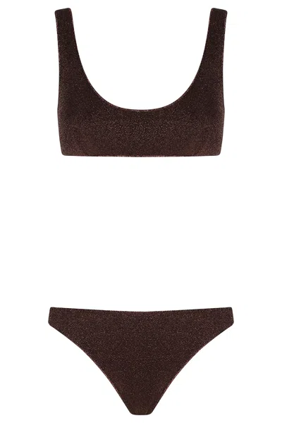 Oseree Chocolate Lumiere Sporty Bralette Lurex Polyamide Bikini In Brown